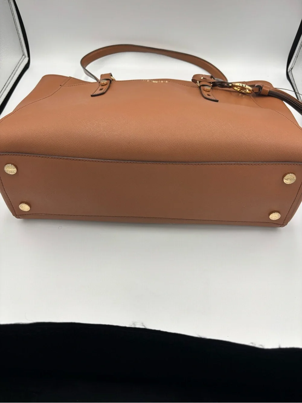 Michael Kors Large Brown Leather Tote Shoulder Bag Gold MK Charm Tassel